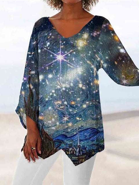 3D printing animal natural scenery V-neck nine-quarter sleeve loose T-shirt m301694