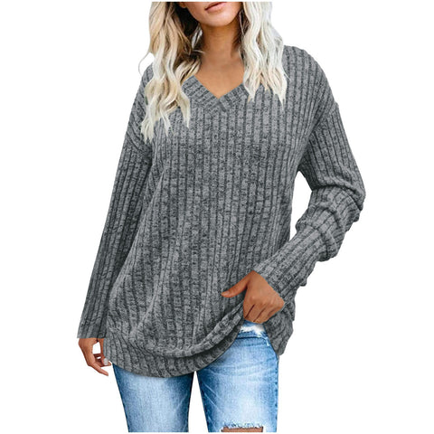 Women's long-sleeved V-neck pit strip polished knitted top T-shirt m302092
