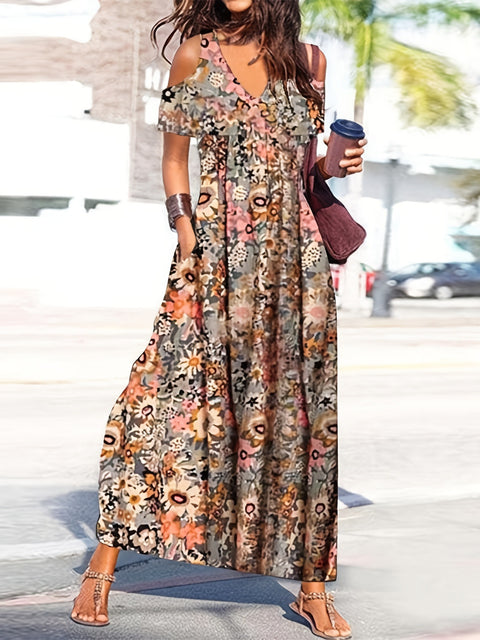 Floral splicing skirt short-sleeved vacation dress m302890