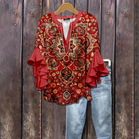 Creative floral element printing digital printing casual trend V-neck lotus edge T-shirt m301352