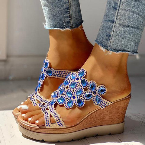 Bohemian rhinestone heel slippers women's summer platform large size round toe one line wedge heel fish mouth slippers m302362