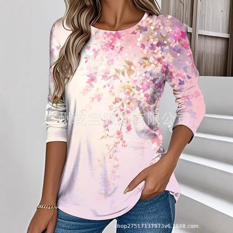 Plant and flower print casual round neck long-sleeved top T-shirt m302251