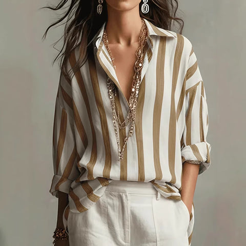 Spring, summer and autumn new women's clothing striped lapel collar loose fashion pullover blouse m302404