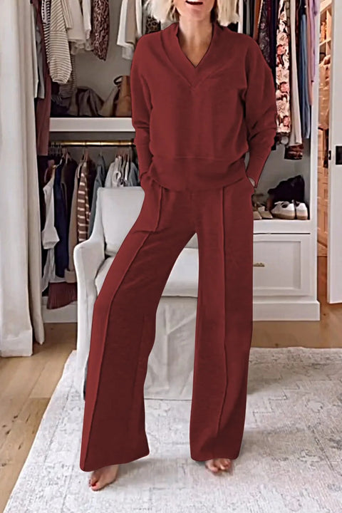 V-neck long-sleeved loose top wide-leg pants two-piece set m301327