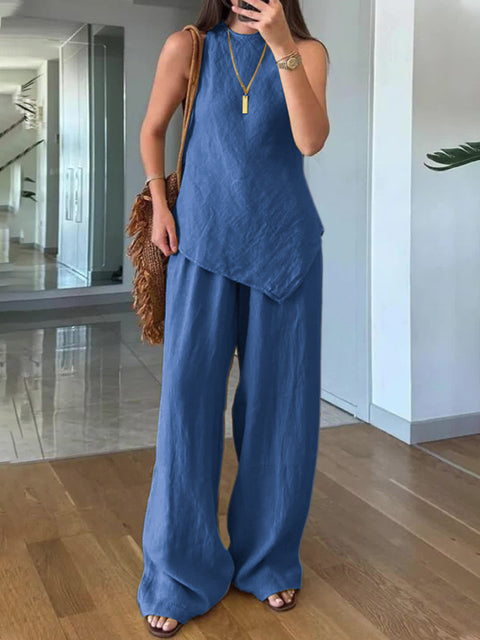 Casual round neck pullover sleeveless plus pocket trousers cotton multi-color m301437
