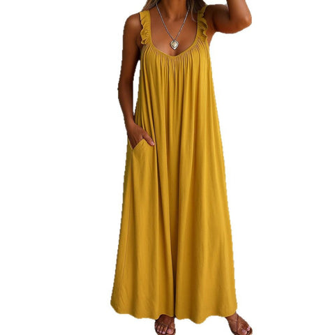 Casual suspender U-neck regular pleated multi-color women's dress m301443