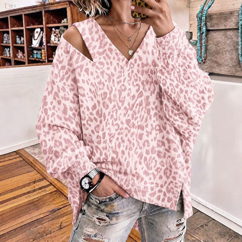 Open shoulder sweater autumn and winter new age-reducing foreign style V-neck leopard print long-sleeved top FF303328