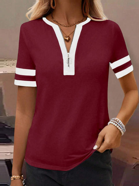 Solid color spliced zipper top fashion casual T-shirt women's m301770