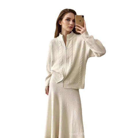 Loose knitted suit women's autumn and winter new zipper cardigan sweater + fishtail skirt m301789