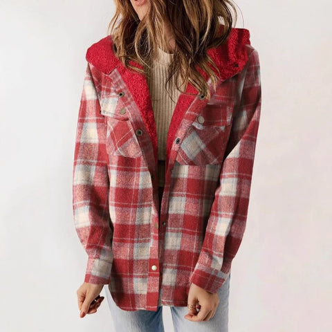 Women's plaid jacket long-sleeved hairy hooded jacket jacket with pockets m302153