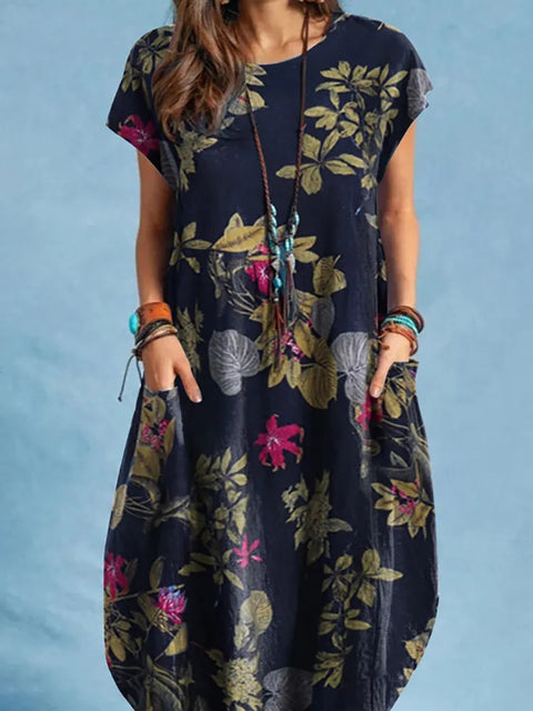 Fashion Cotton and Linen Plant Print round Neck Pocket Short Sleeve Casual Dress M300217