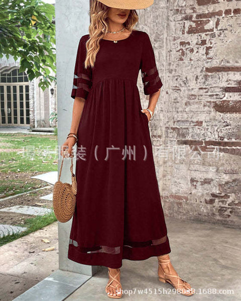 Large size women's five-quarter sleeve mesh crew neck splicing pocket dress m302052