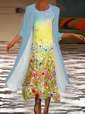 New women's long dress two-piece set flower and grass print crew neck dress m301251