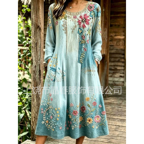 Mid-waist women's casual crew neck print women's dress FF303278