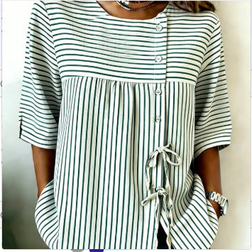 Temperament women's long-sleeved shirt printed top lace-up shirt m302925