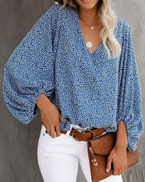 V-neck shirt printed lantern sleeve women's top m301626