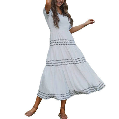 Long skirt short sleeve casual V-neck embroidered women's clothing m301524