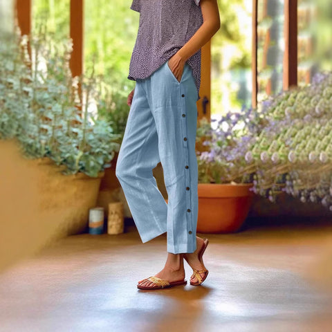 New cotton and linen breathable nine-point pants side seam decorative buckle side pocket high waist loose casual pants m301938