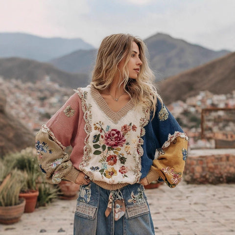 Autumn and winter loose V-neck top casual shoulder women's clothing thick needle sweater imitation wool m302039