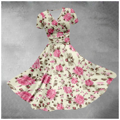 V-neck short-sleeved medium and long waist dress 3D digital printing m301714