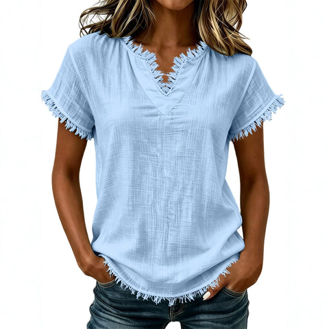 Spring and summer retro casual V-neck fringed short-sleeved top FF303161