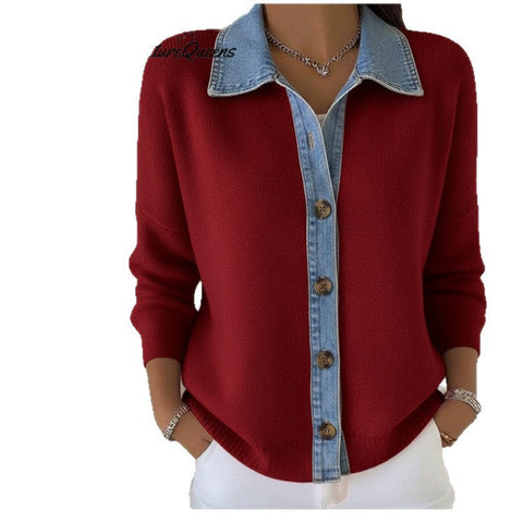 Unique denim splicing collar cardigan women's spring sweater small shirt slim long-sleeved top m302110