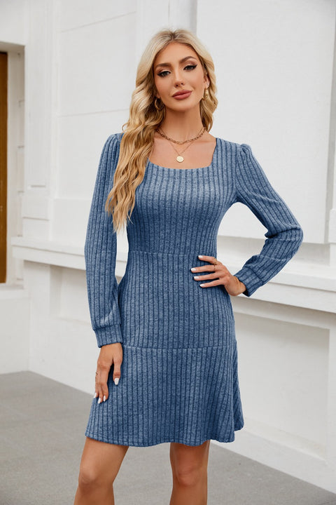 Square neck lantern sleeve doll pocket long sleeve dress m300921