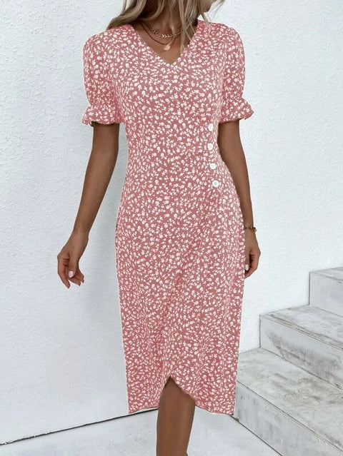 Geometric collage bubble sleeves irregular hem dress m301272