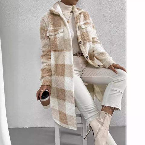 Open-button lapel plush plaid jacket loose temperament commuter long coat women m300360