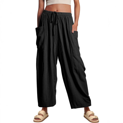 Elastic waist pleated middle waist straight pants loose casual cotton and linen nine-point pants m301883