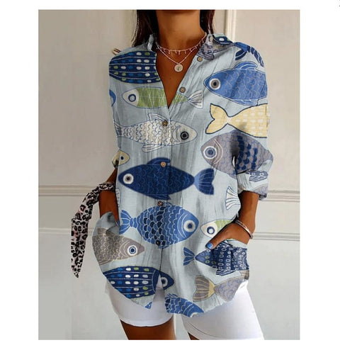 3D digital printing abstract pattern women's long-sleeved buckle linen shirt m302749 -2