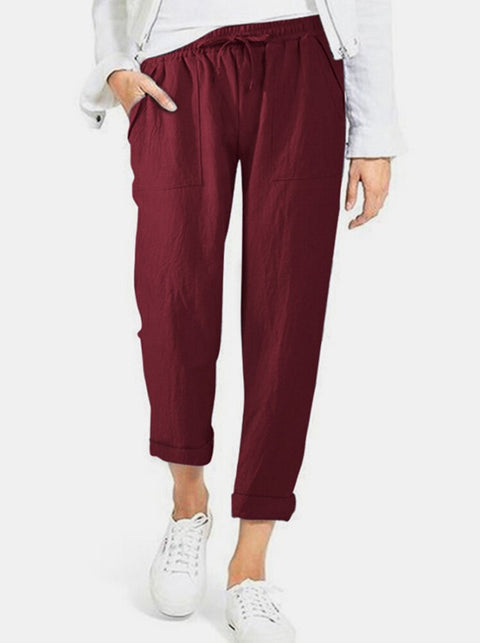 Drawstring high waist pocket loose large size cotton and linen casual pants women m301567