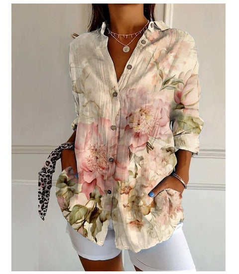 3D digital printing abstract pattern women's long-sleeved buckle linen shirt m302749 -2