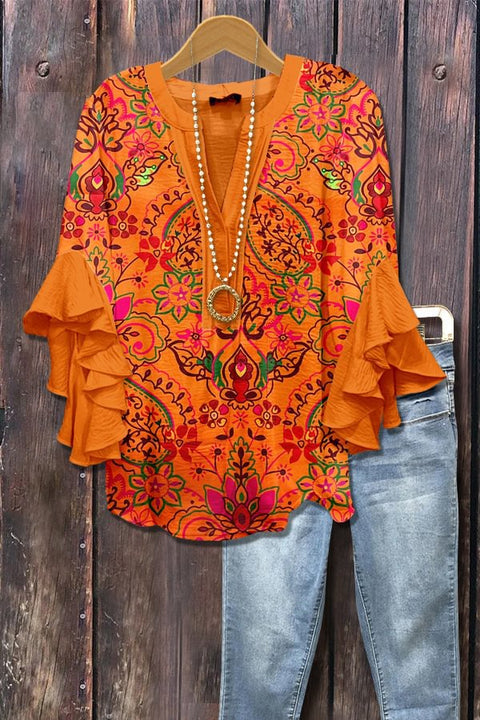 Creative floral element printing digital printing casual trend V-neck lotus edge T-shirt m301358