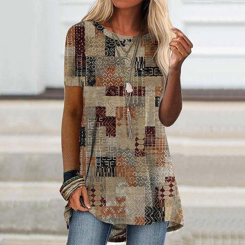 Popular round neck casual ethnic style retro printed short-sleeved T-shirt m301756