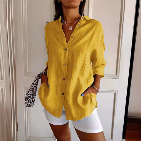 Women's Single-Breasted Pleated Lapel Shirt Solid Color Rollable Sleeves Top M300226