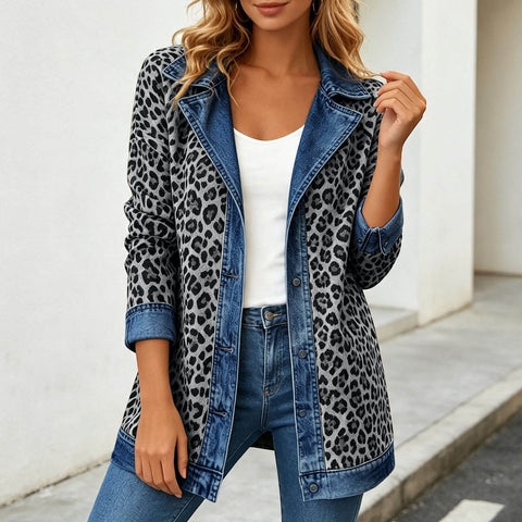 Leopard print denim jacket women's long-sleeved casual cardigan autumn loose jacket FF303339
