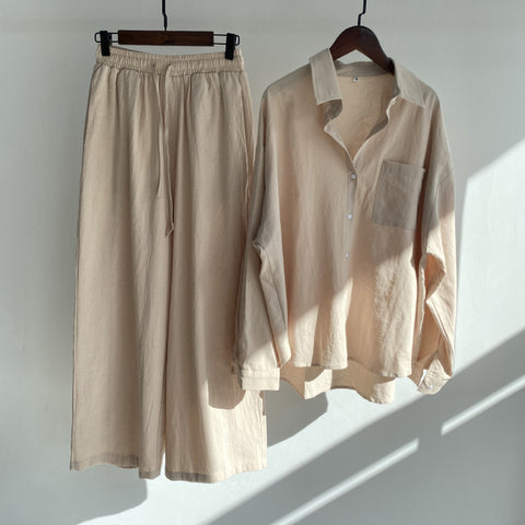 Cotton and linen shirt set high waist loose trousers m301983
