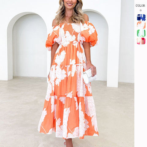 Elegant Floral-Print off-Shoulder Puff Sleeve Fashion Dress M300289