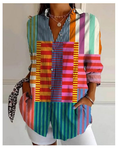 3D digital printing abstract pattern women's long-sleeved buckle linen shirt m302749 -2