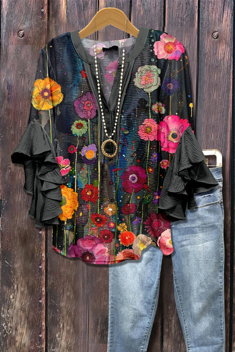 Digital printing casual trend V-neck lotus edge T-shirt women's m302725-2