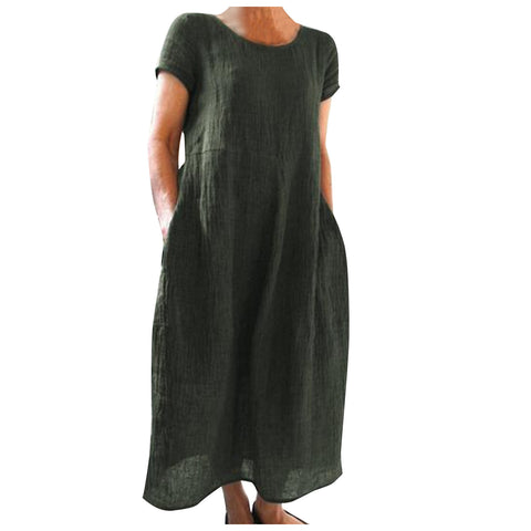 Solid color retro loose cotton and linen dress m301060