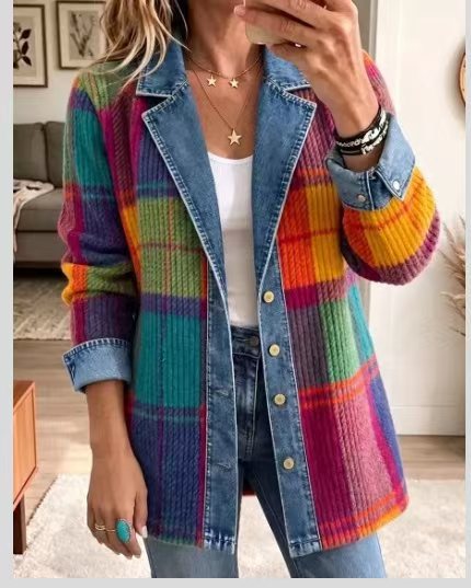 Leopard print denim jacket women's long-sleeved casual cardigan autumn loose jacket FF303339