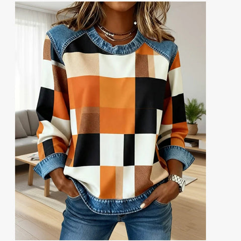 Plaid women's casual crew neck denim splicing striped print sweater m302139