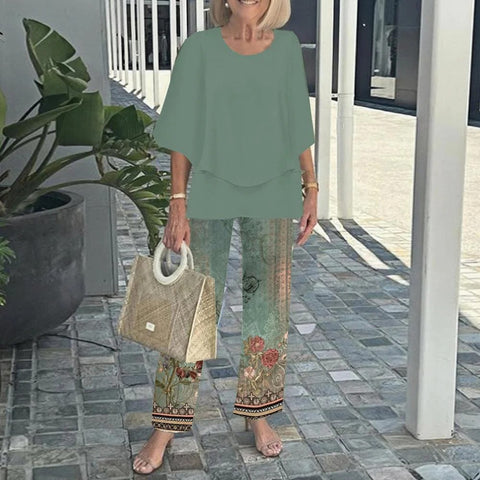 Casual round neck medium sleeve top printed flower pants set two-piece set m301465