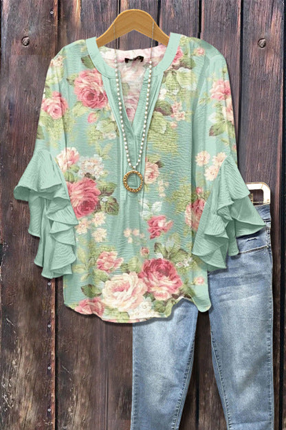 Creative floral element printing digital printing casual trend V-neck lotus edge T-shirt m301352