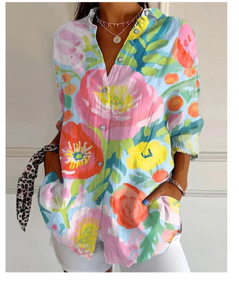 3D digital printing abstract pattern women's long-sleeved buckle linen shirt m302749 -2