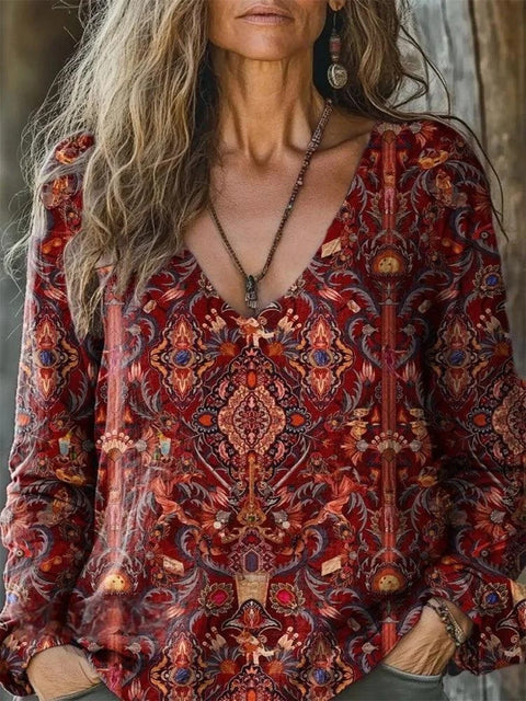 casual V-neck long-sleeved pullover loose digital printing women's top T-shirt m301736