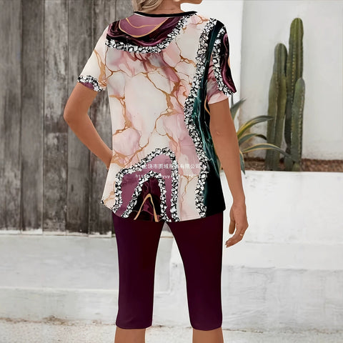 Women's Fashion Marble Print Crew Neck Short Sleeve T-Shirt & Leggings Set m302817