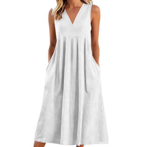 Solid color pullover V-neck sleeveless cotton loose dress m302773